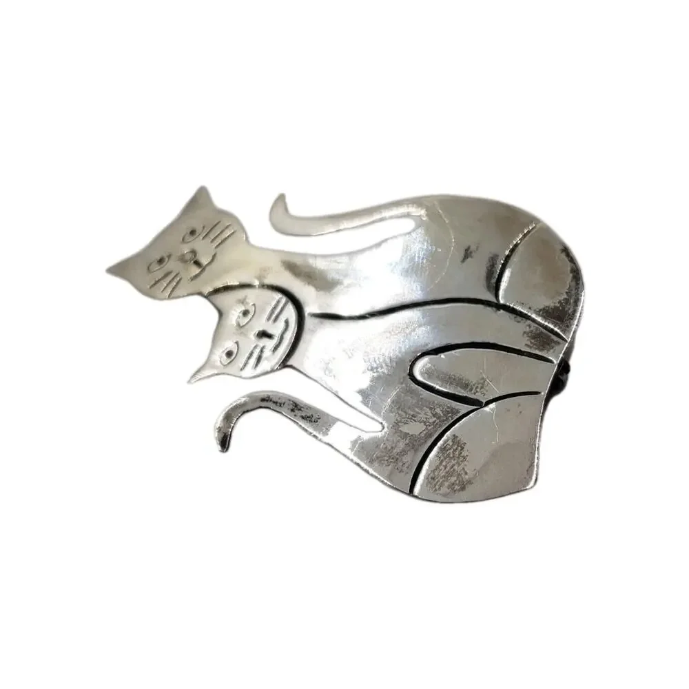 Vintage Brooch Cat & Kitten 925 Sterling Silver Mexico Cats MCM 1960s Cat Lover